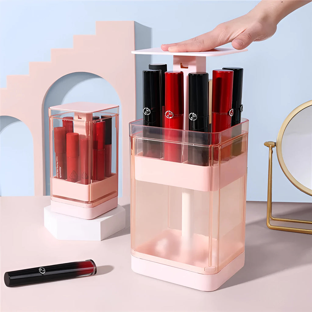 Press lift lipstick storage box organiser with transparent dust cover in pink and white colour options.