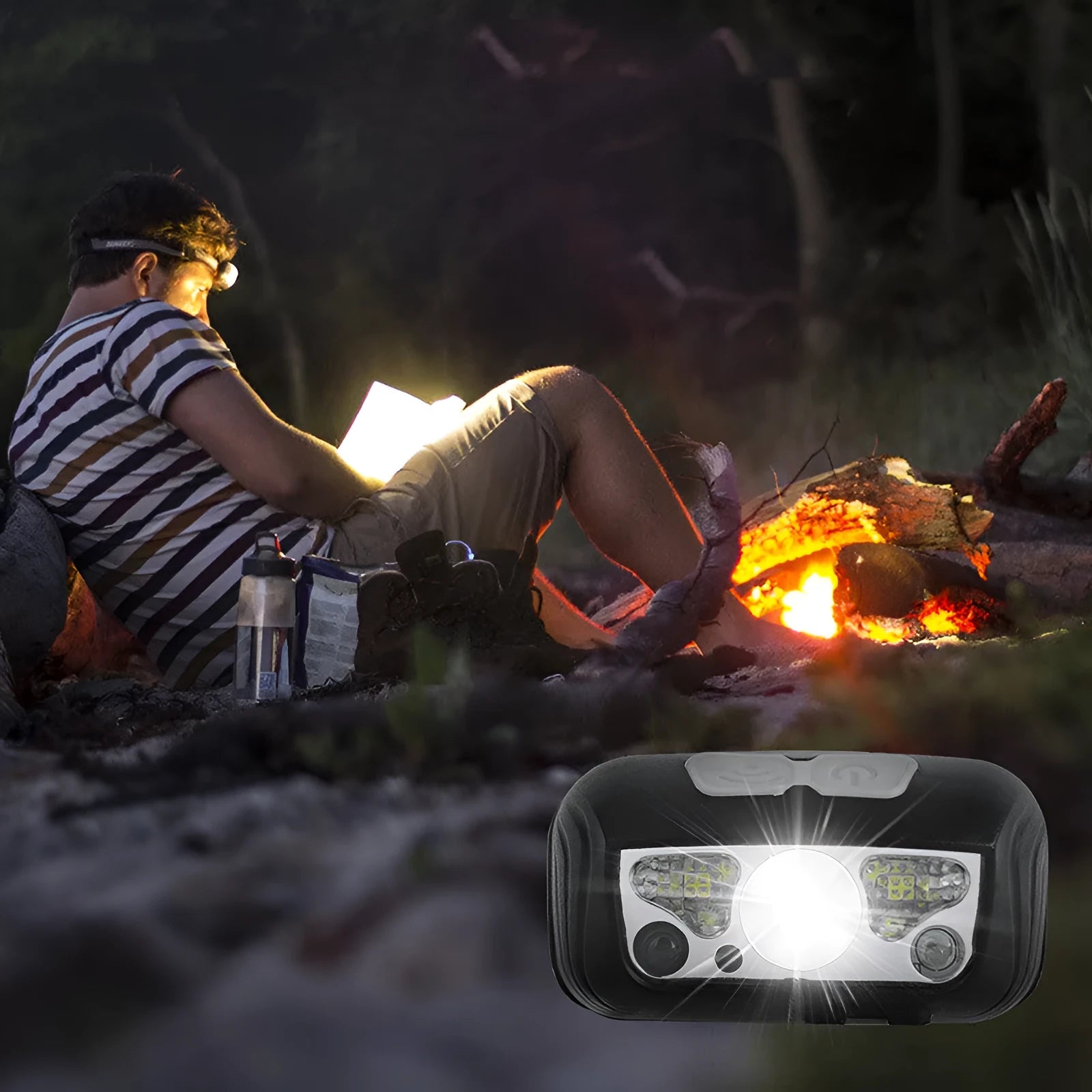 Black or blue LED sensor headlight showing USB port, wave sensor area, white and red LED beads.