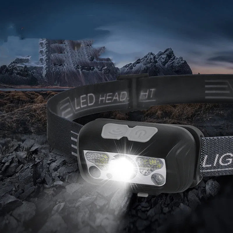 Black or blue LED sensor headlight showing USB port, wave sensor area, white and red LED beads.