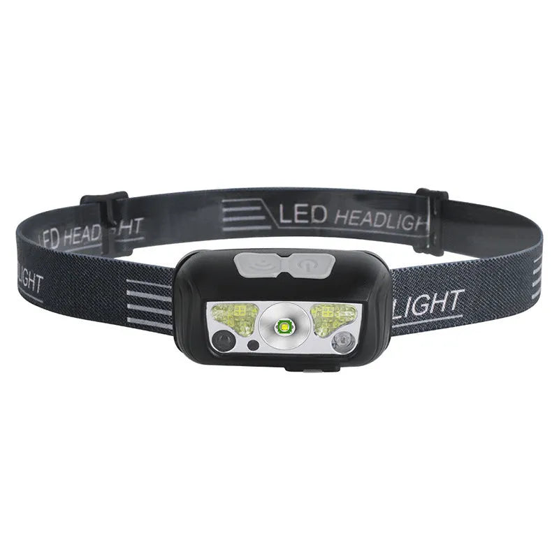 Black or blue LED sensor headlight showing USB port, wave sensor area, white and red LED beads.