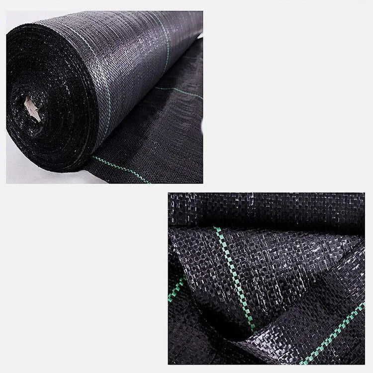 Black polyethylene woven weed proof cloth laid flat on soil, showing its texture and one of the available size options.