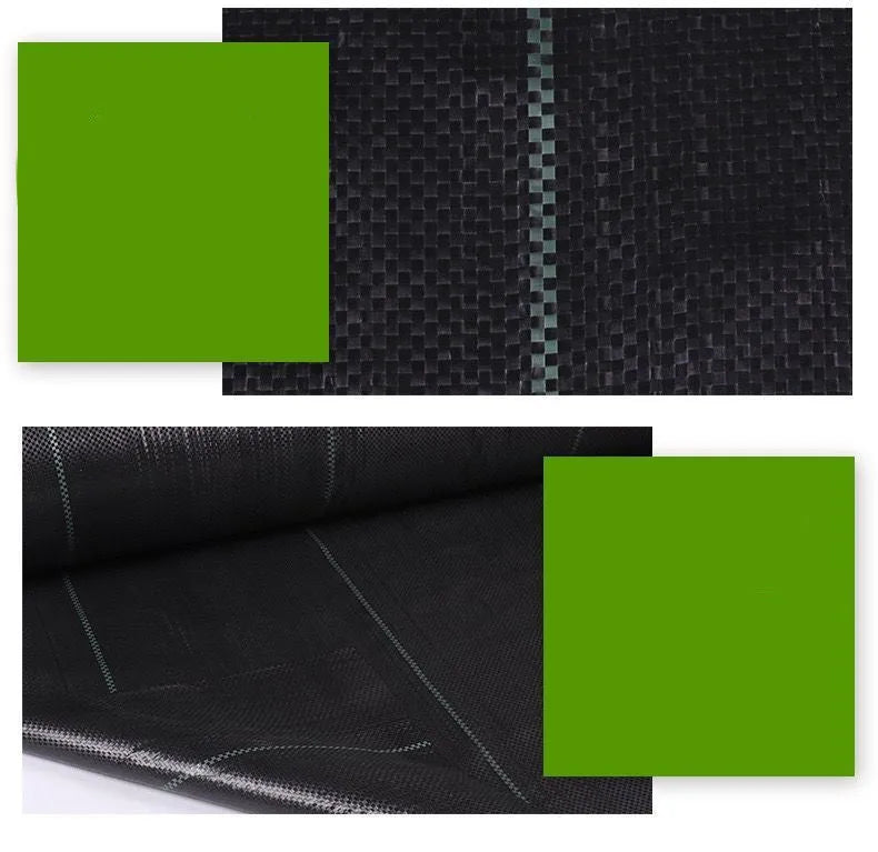 Black polyethylene woven weed proof cloth laid flat on soil, showing its texture and one of the available size options.
