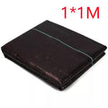 Black polyethylene woven weed proof cloth laid flat on soil, showing its texture and one of the available size options.