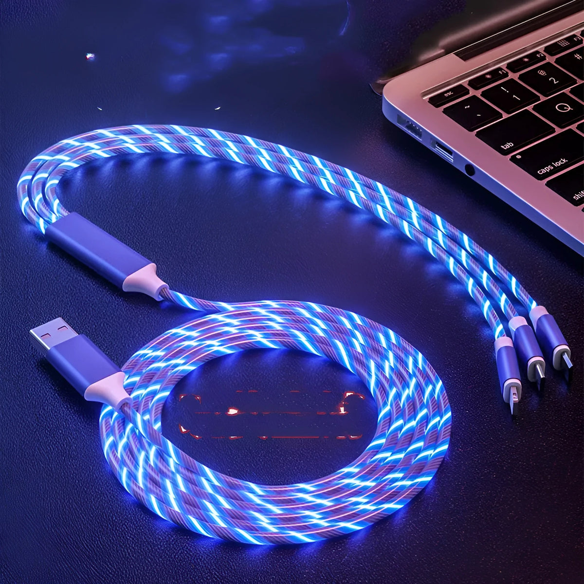 USB three-way splitter cable with colourful marquee lighting in streamer design charging multiple devices