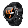 Black Android smart watch with round dial and silicone strap showing IP68 waterproof rating