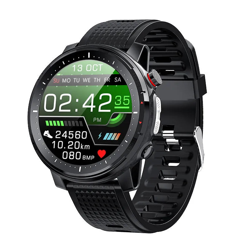 Black Android smart watch with round dial and silicone strap showing IP68 waterproof rating