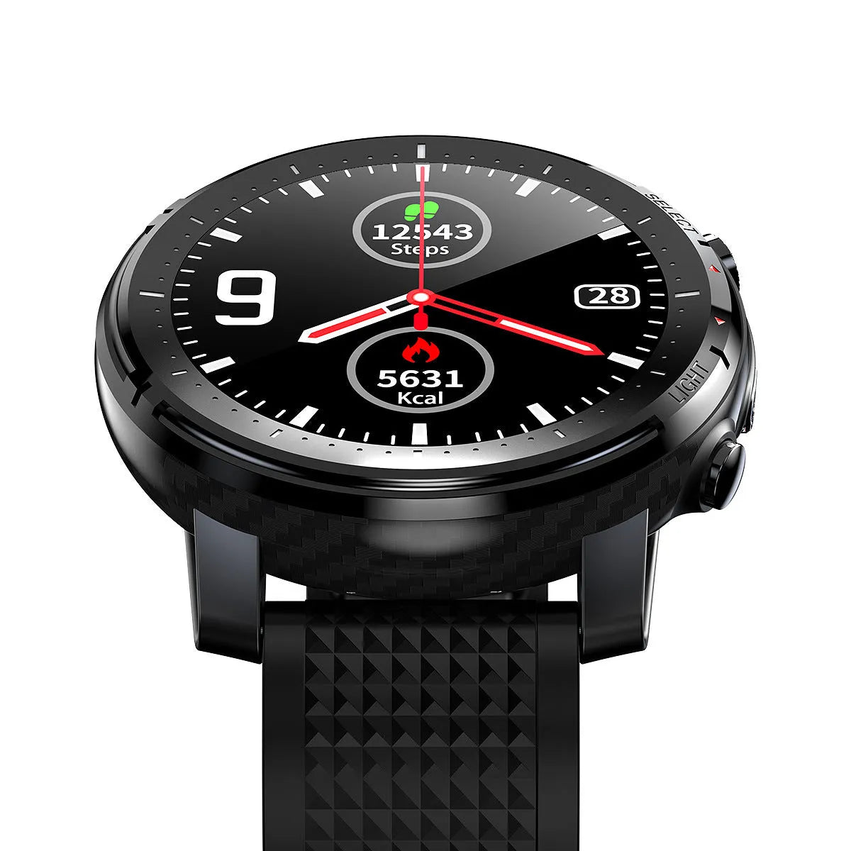 Black Android smart watch with round dial and silicone strap showing IP68 waterproof rating