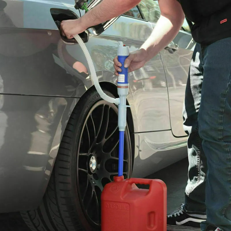 Blue manual hand-operated siphon pump for fuel oil gasoline liquid transfer