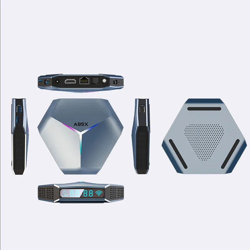 Android TV set-top box 8K media player with remote control and HDMI cable on a white background