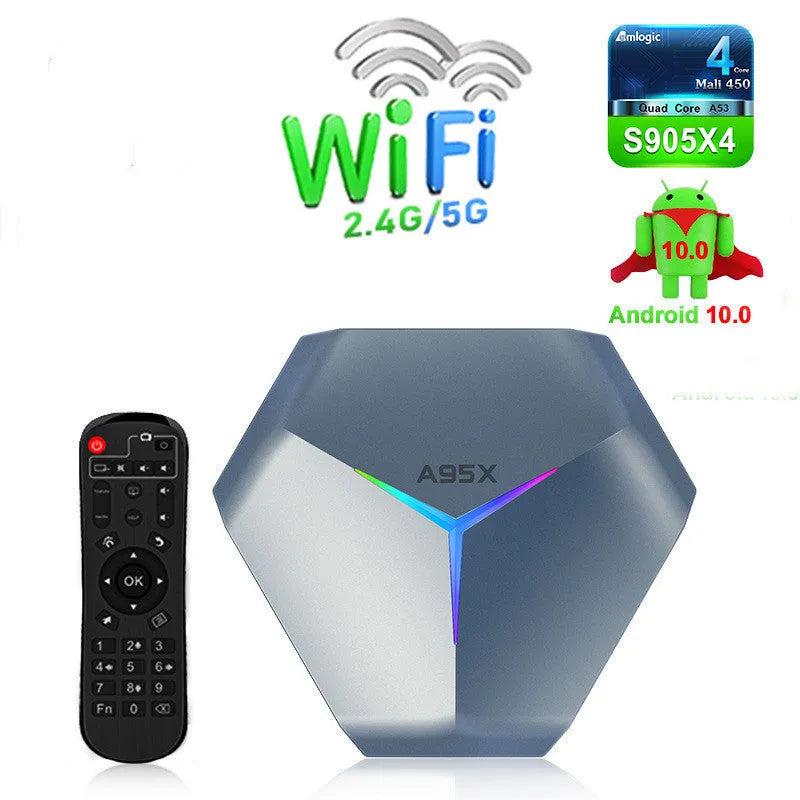 Android TV set-top box 8K media player with remote control and HDMI cable on a white background