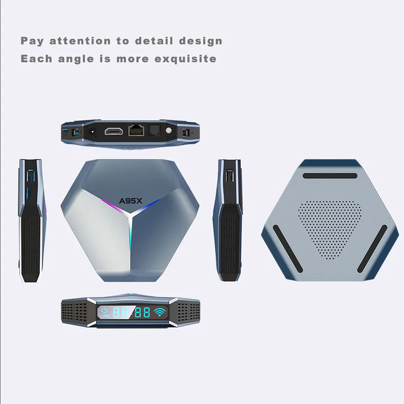 Android TV set-top box 8K media player with remote control and HDMI cable on a white background