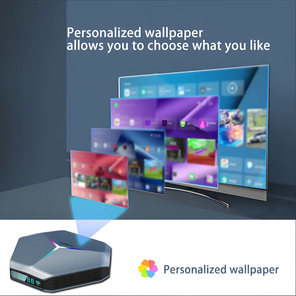 Android TV set-top box 8K media player with remote control and HDMI cable on a white background