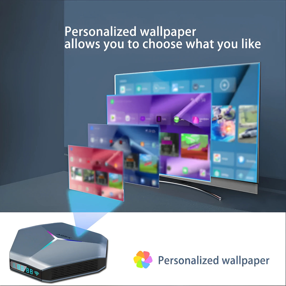 Android TV set-top box 8K media player with remote control and HDMI cable on a white background