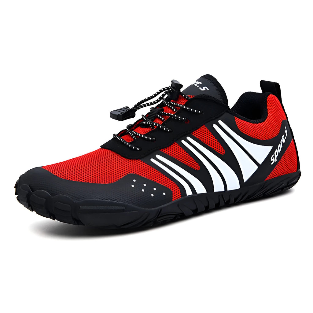 Outdoor wading shoes in red, black or orange with mesh upper and rubber sole.