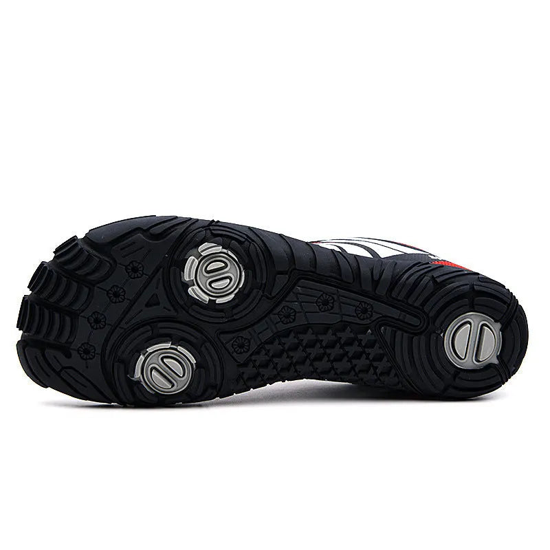 Outdoor wading shoes in red, black or orange with mesh upper and rubber sole.
