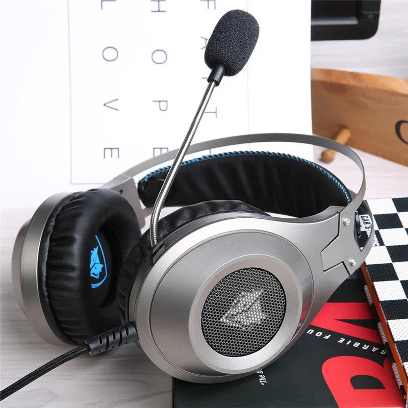 Black wired USB over-ear computer headset with a microphone attached.