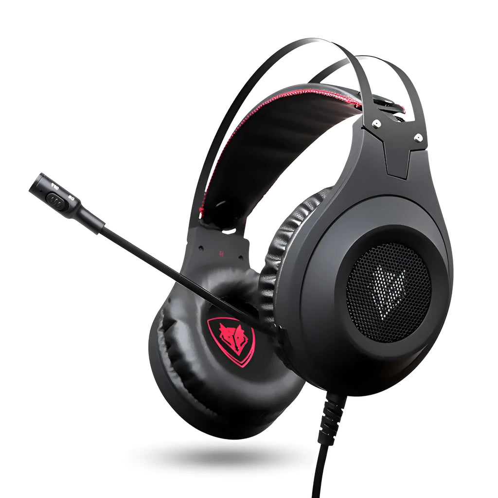 Black wired USB over-ear computer headset with a microphone attached.