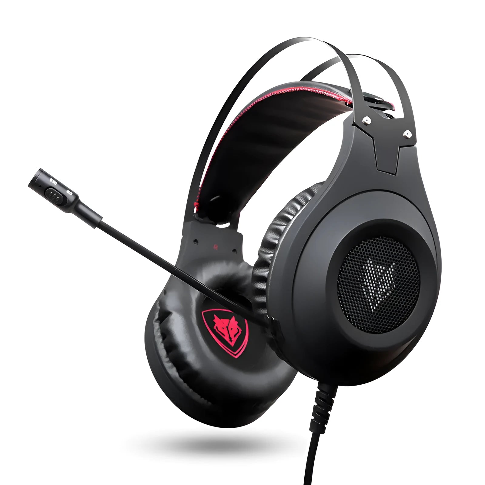 Black wired USB over-ear computer headset with a microphone attached.