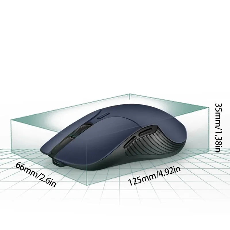 Blue smart voice translator mouse with 2.4G wireless receiver on a desk.