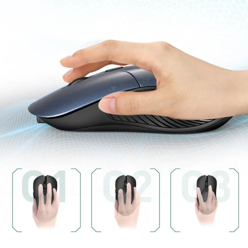 Blue smart voice translator mouse with 2.4G wireless receiver on a desk.