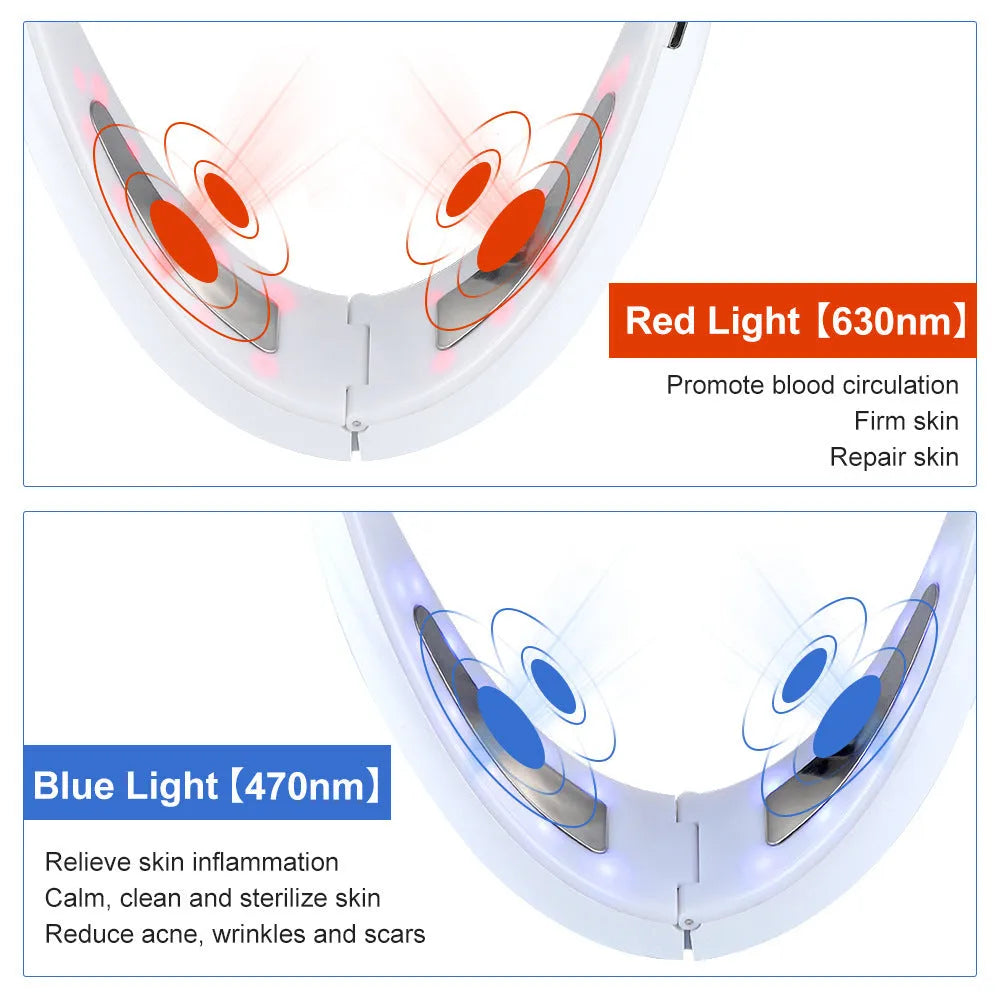 White handheld facial lifting device with LED lights for red and blue light therapy and vibration massage.