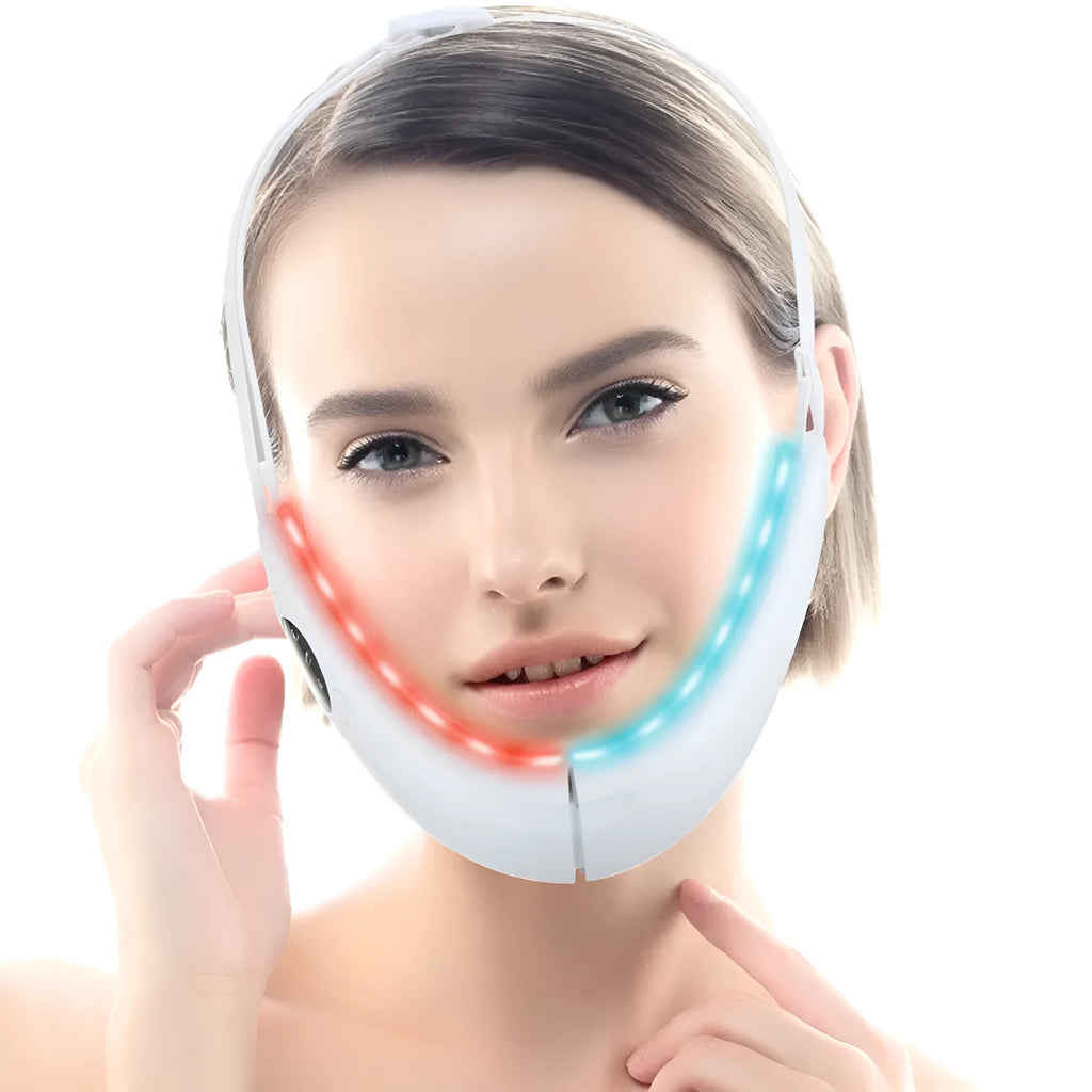White handheld facial lifting device with LED lights for red and blue light therapy and vibration massage.