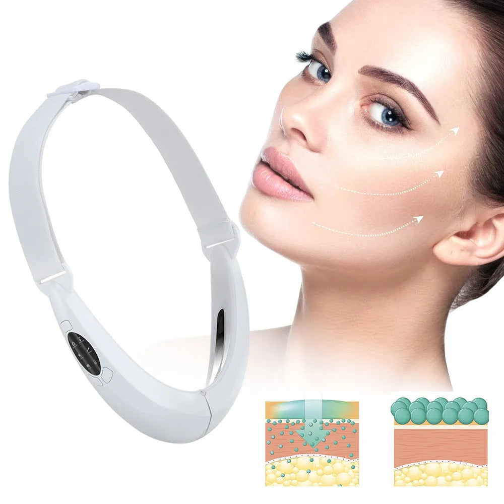 White handheld facial lifting device with LED lights for red and blue light therapy and vibration massage.