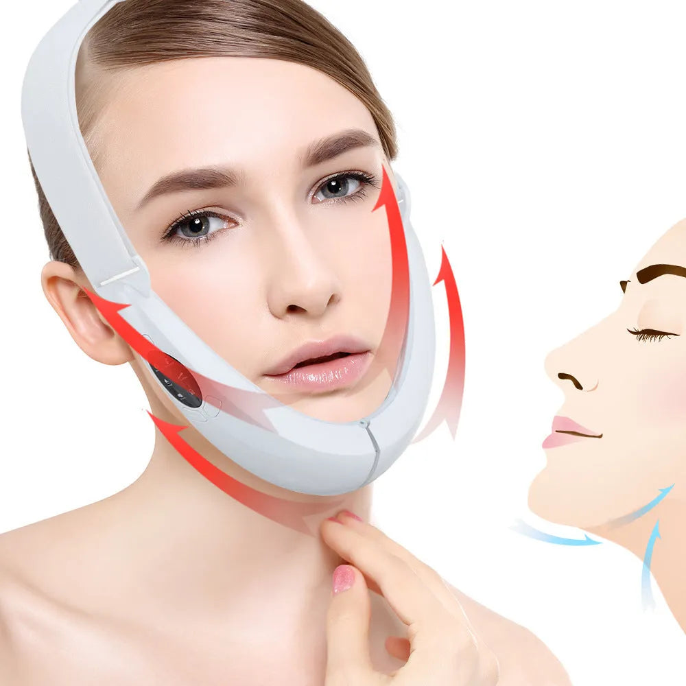 White handheld facial lifting device with LED lights for red and blue light therapy and vibration massage.