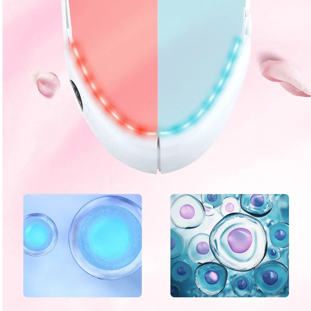 White handheld facial lifting device with LED lights for red and blue light therapy and vibration massage.