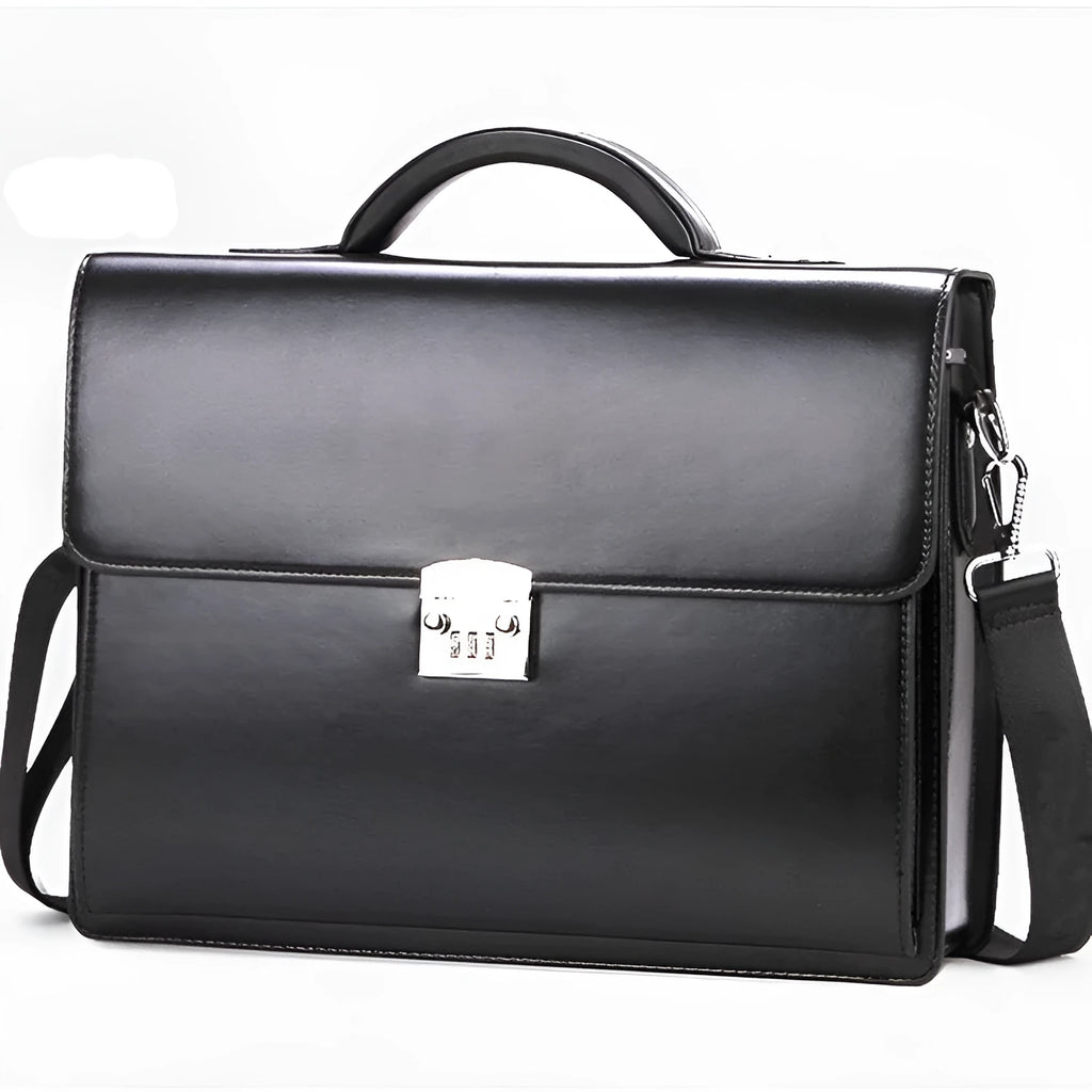 Men's black PU leather business briefcase with zip opening and single handle.