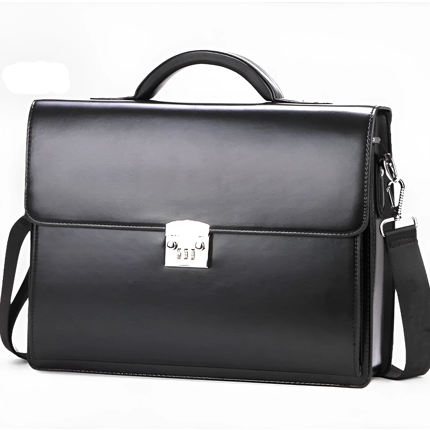 Men's black PU leather business briefcase with zip opening and single handle.