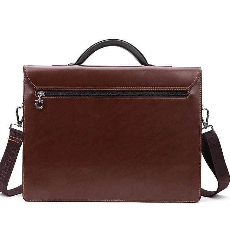 Men's black PU leather business briefcase with zip opening and single handle.