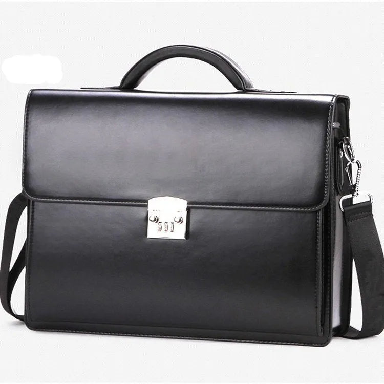 Men's black PU leather business briefcase with zip opening and single handle.