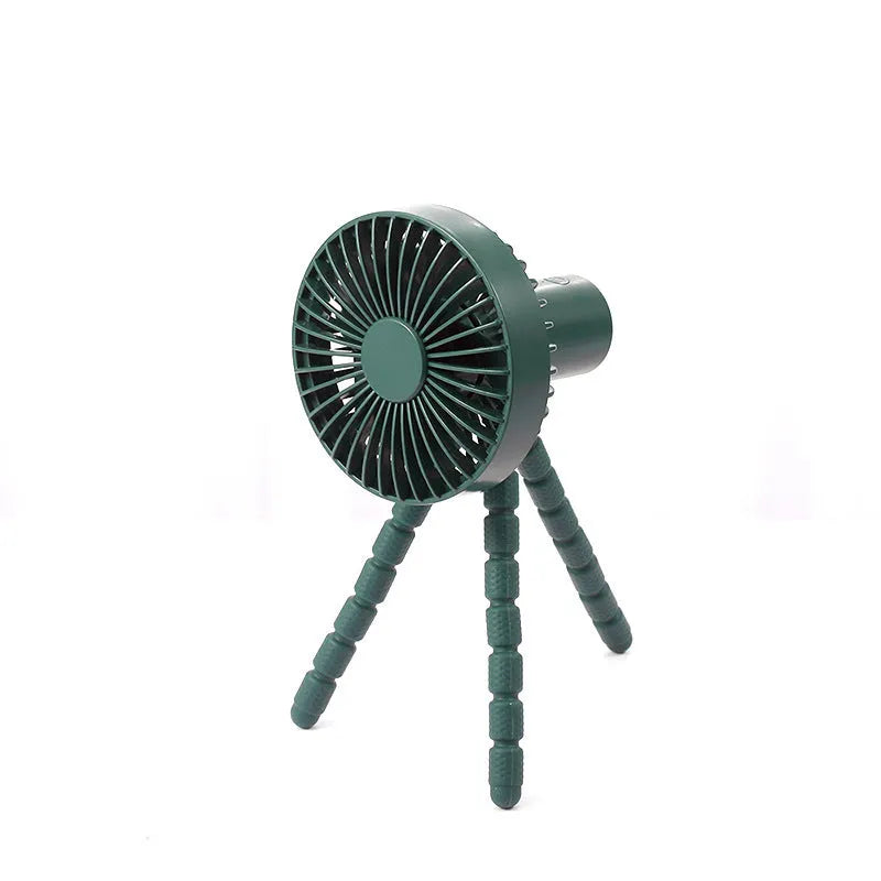 Small rechargeable desktop fan with adjustable tripod and multi-function handle, in black, green, pink, or white.