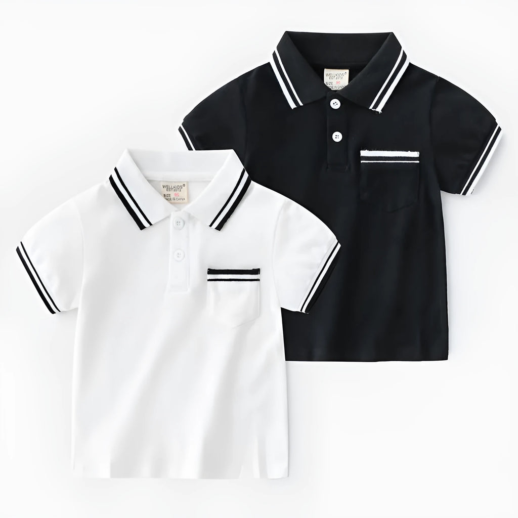 Boys' white and black cotton summer polo t-shirt with short sleeves and round neck