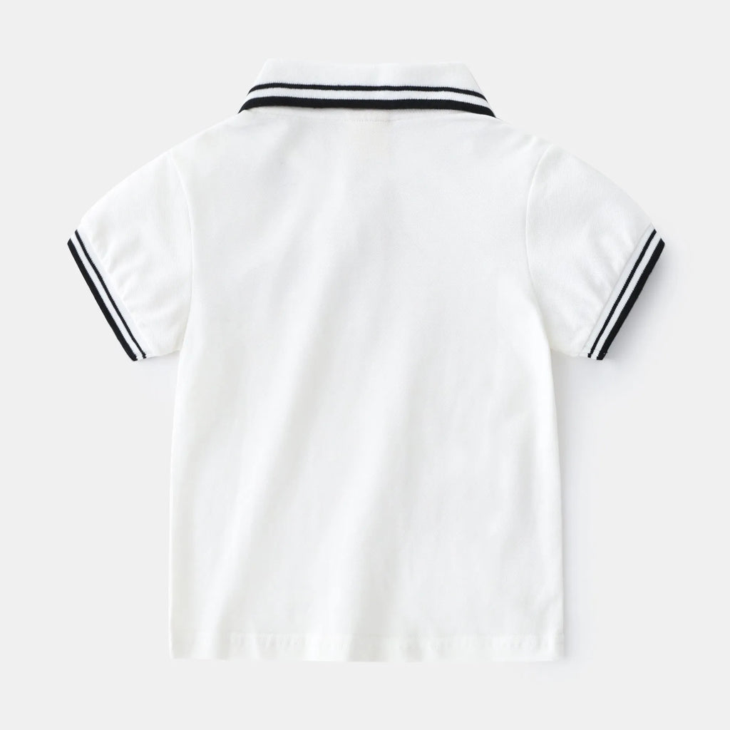 Boys' white and black cotton summer polo t-shirt with short sleeves and round neck