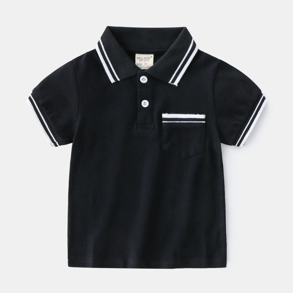 Boys' white and black cotton summer polo t-shirt with short sleeves and round neck