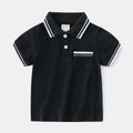 Boys' white and black cotton summer polo t-shirt with short sleeves and round neck