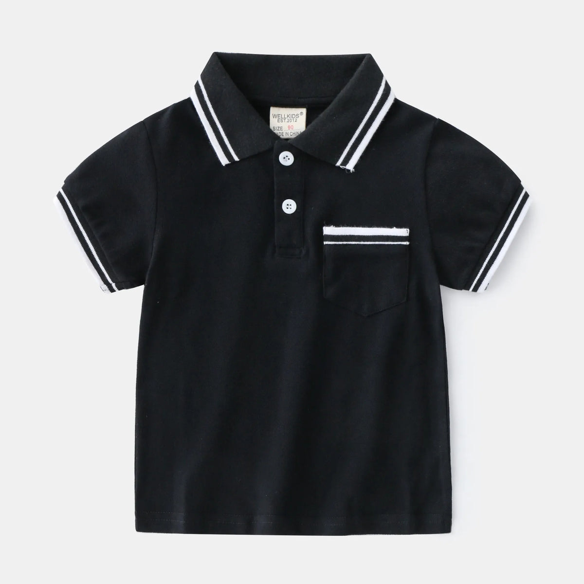 Boys' white and black cotton summer polo t-shirt with short sleeves and round neck