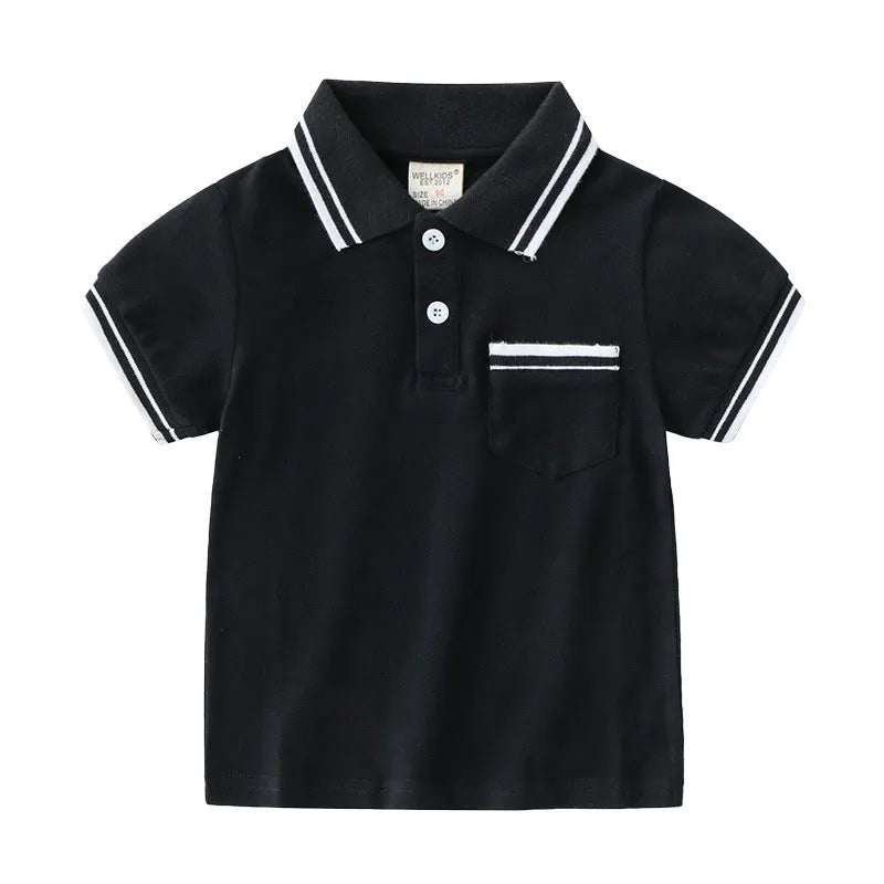Boys' white and black cotton summer polo t-shirt with short sleeves and round neck