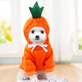 Fleece dog hoodie for small dogs with fruit design and drawstring, sizes XS to 2XL, winter warm pet clothes.