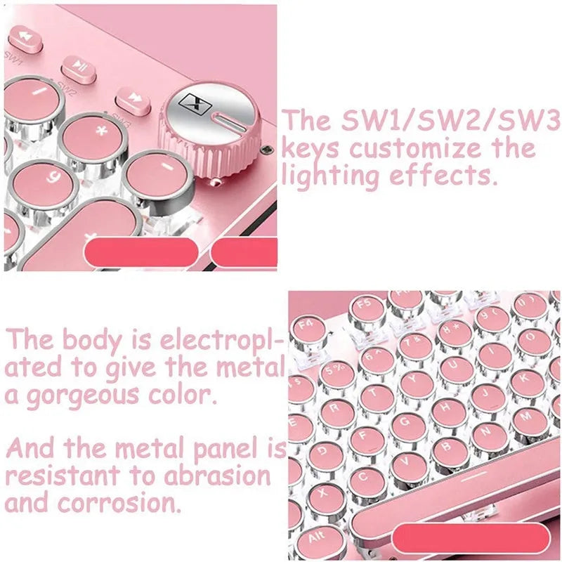 Silver and pink wired mechanical keyboard with green axis switches and a wireless mouse on a desk.
