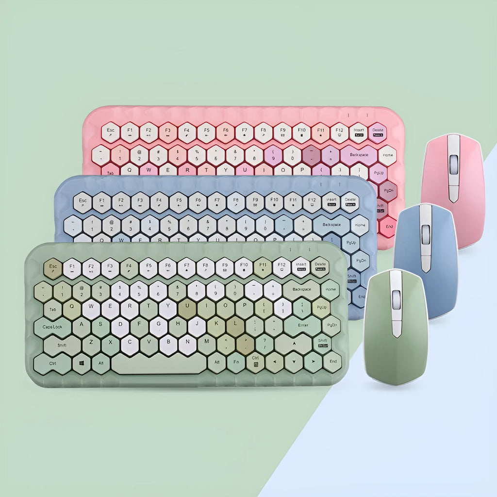Wireless keyboard and mouse set in blue, green or pink with USB connection and 1600dpi optical mouse