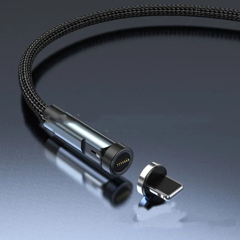 Black magnetic charging cable with rotating connector showing compatibility with Apple, Android, and Type-C devices