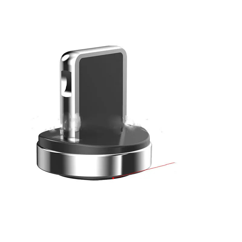 Black magnetic charging cable with rotating connector showing compatibility with Apple, Android, and Type-C devices