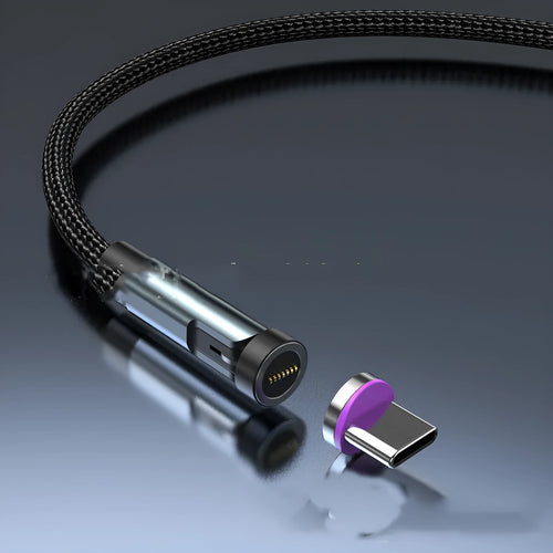Black magnetic charging cable with rotating connector showing compatibility with Apple, Android, and Type-C devices