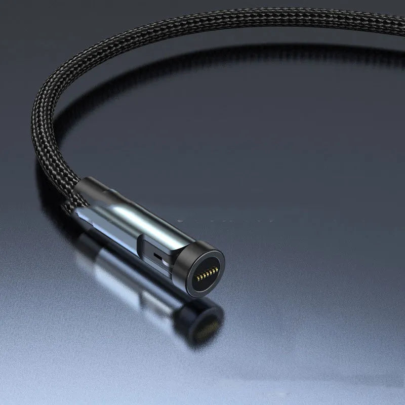 Black magnetic charging cable with rotating connector showing compatibility with Apple, Android, and Type-C devices