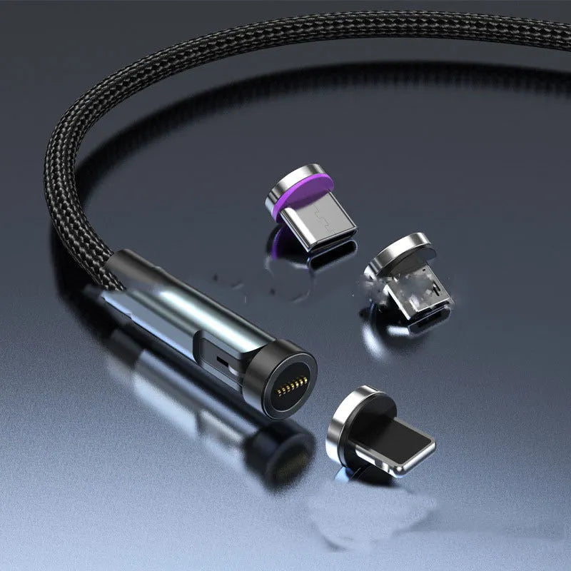 Black magnetic charging cable with rotating connector showing compatibility with Apple, Android, and Type-C devices