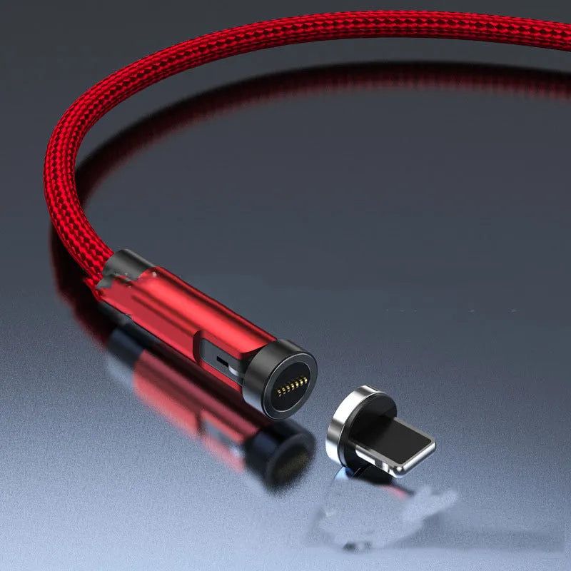 Black magnetic charging cable with rotating connector showing compatibility with Apple, Android, and Type-C devices