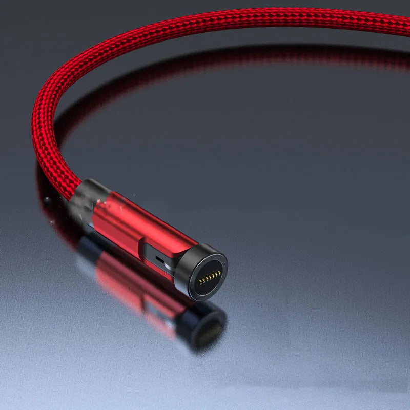 Black magnetic charging cable with rotating connector showing compatibility with Apple, Android, and Type-C devices